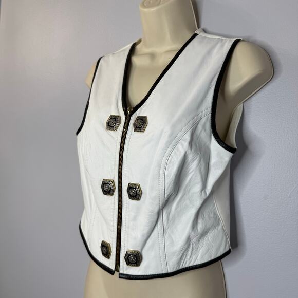 Cache Vintage White Leather Vest Full Zip Crest Gold Buttons Detail Stretch - Picture 13 of 13